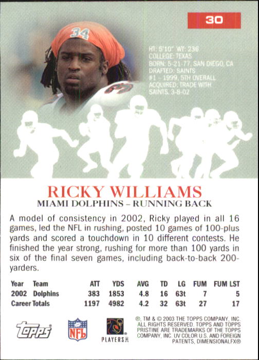 2003 Topps Pristine #30 Ricky Williams back image