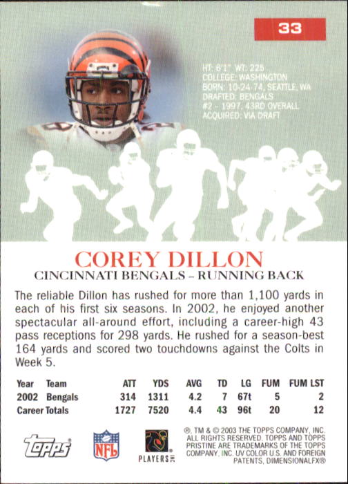 2003 Topps Pristine #33 Corey Dillon back image