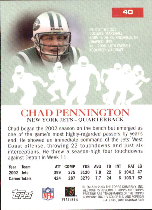 2003 Topps Pristine #40 Chad Pennington back image