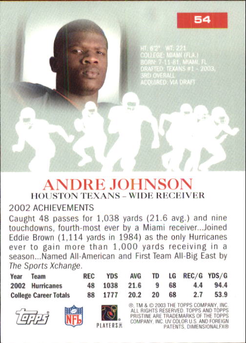 2003 Topps Pristine #54 Andre Johnson C RC back image