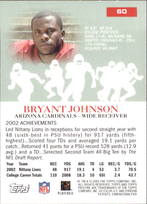 2003 Topps Pristine #60 Bryant Johnson C RC back image
