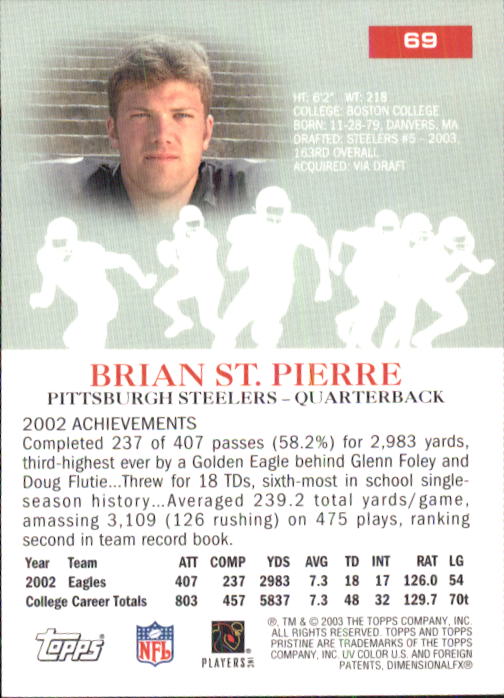 2003 Topps Pristine #69 Brian St.Pierre C RC back image