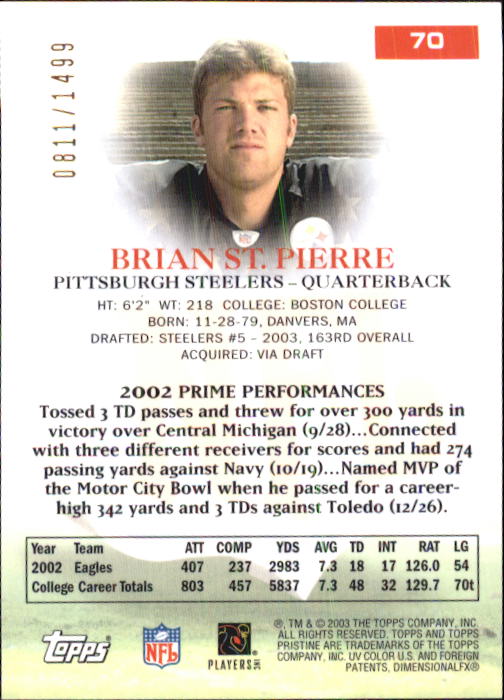 2003 Topps Pristine #70 Brian St.Pierre U back image