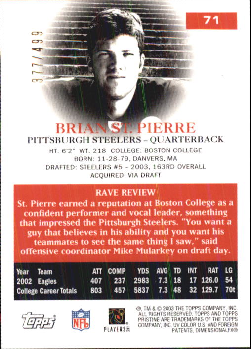 2003 Topps Pristine #71 Brian St.Pierre R back image