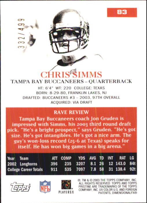 2003 Topps Pristine #83 Chris Simms R back image