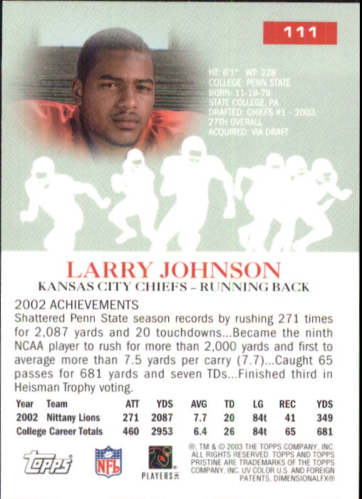 2003 Topps Pristine #111 Larry Johnson C RC back image