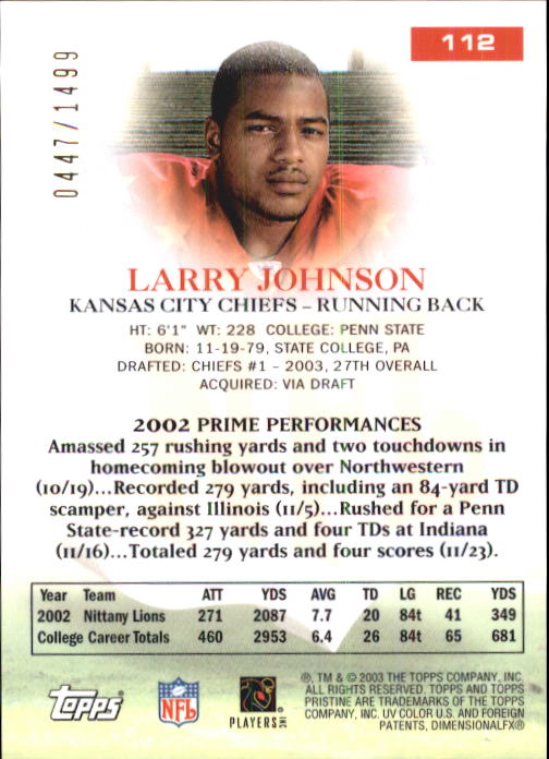 2003 Topps Pristine #112 Larry Johnson U back image