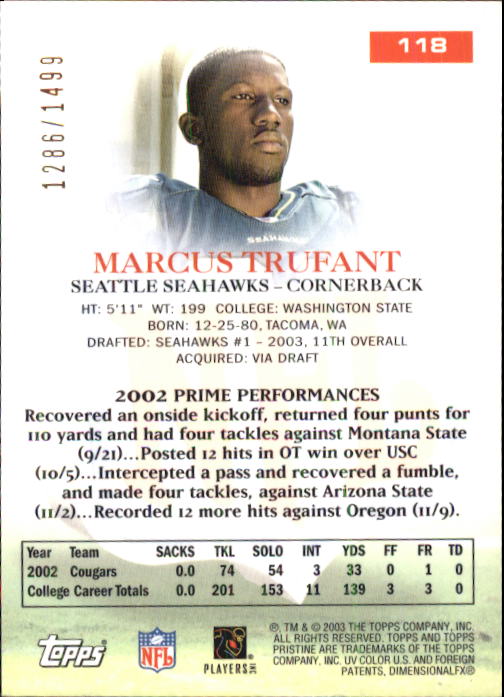 2003 Topps Pristine #118 Marcus Trufant U back image