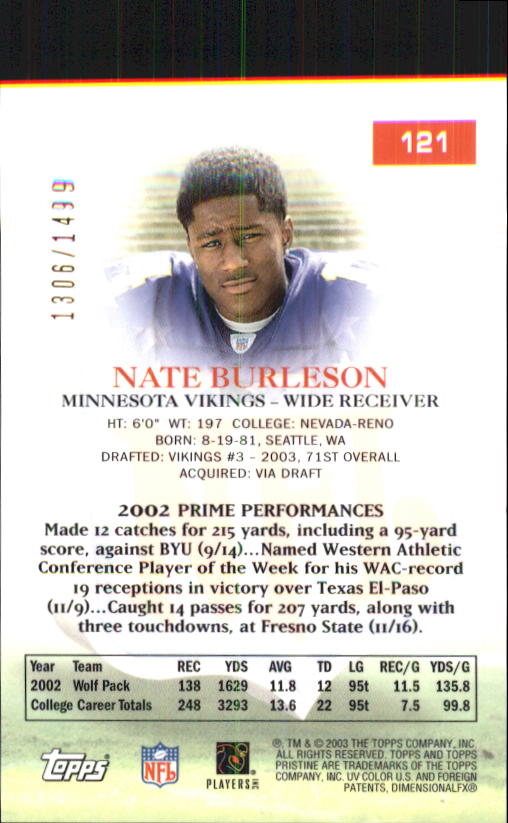 2003 Topps Pristine #121 Nate Burleson U back image