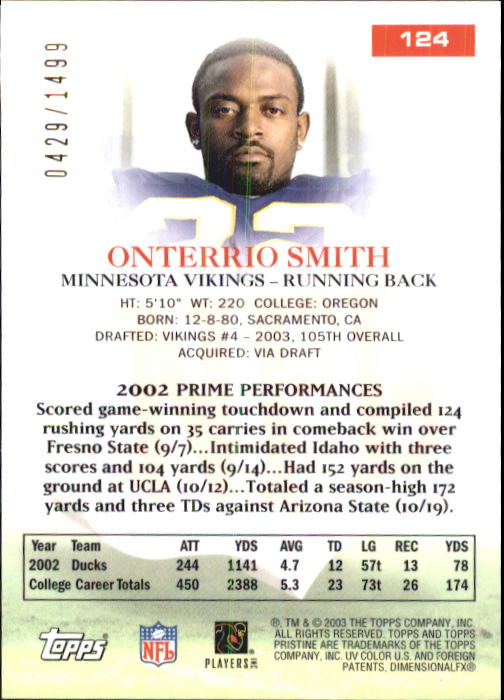 2003 Topps Pristine #124 Onterrio Smith U back image