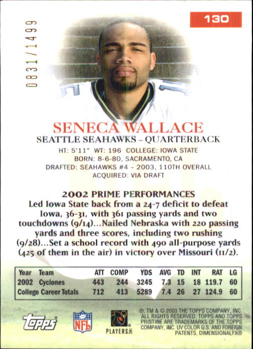 2003 Topps Pristine #130 Seneca Wallace U back image