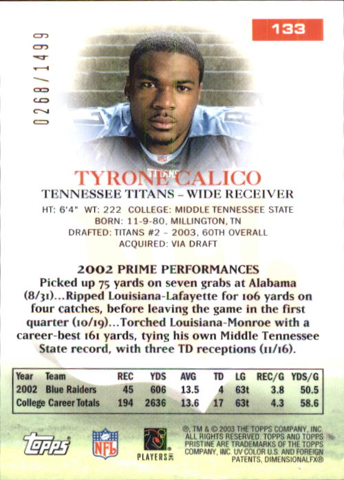 2003 Topps Pristine #133 Tyrone Calico U back image