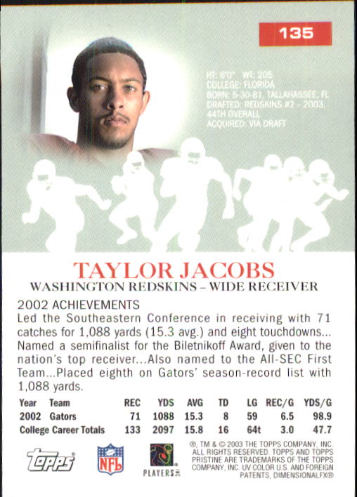 2003 Topps Pristine #135 Taylor Jacobs C RC back image