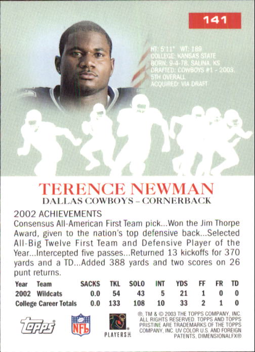 2003 Topps Pristine #141 Terence Newman C RC back image