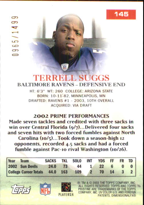 2003 Topps Pristine #145 Terrell Suggs U back image