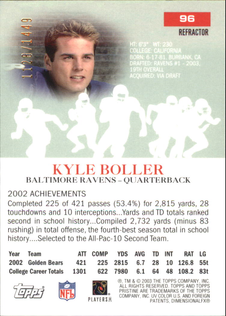 2003 Topps Pristine Refractors #96 Kyle Boller C back image