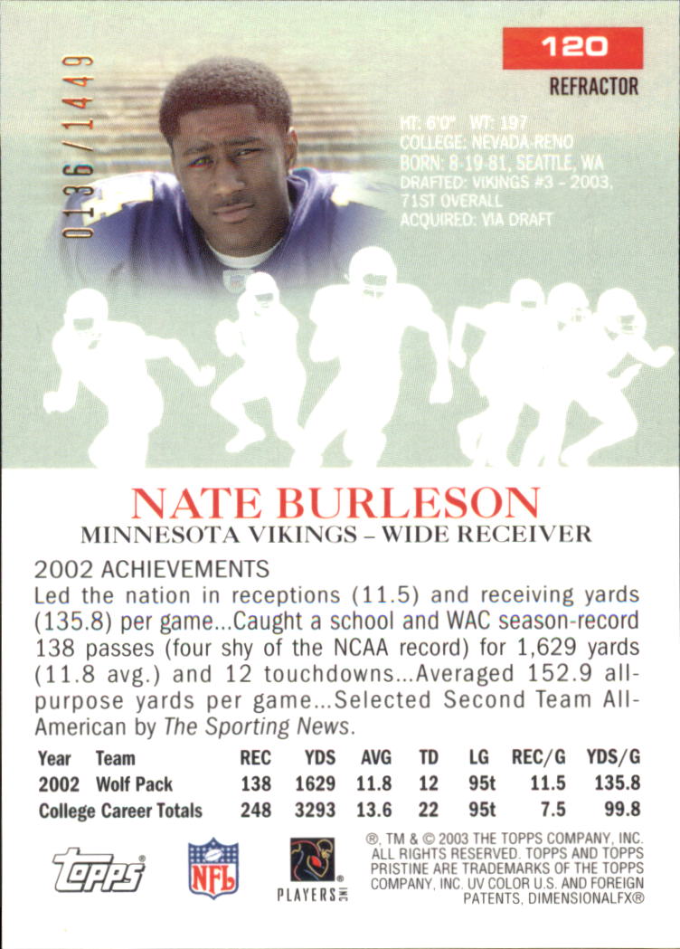 2003 Topps Pristine Refractors #120 Nate Burleson C back image