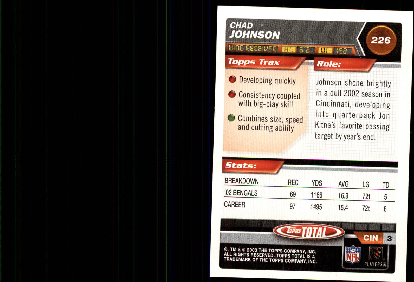 2003 Topps Total #226 Chad Johnson back image