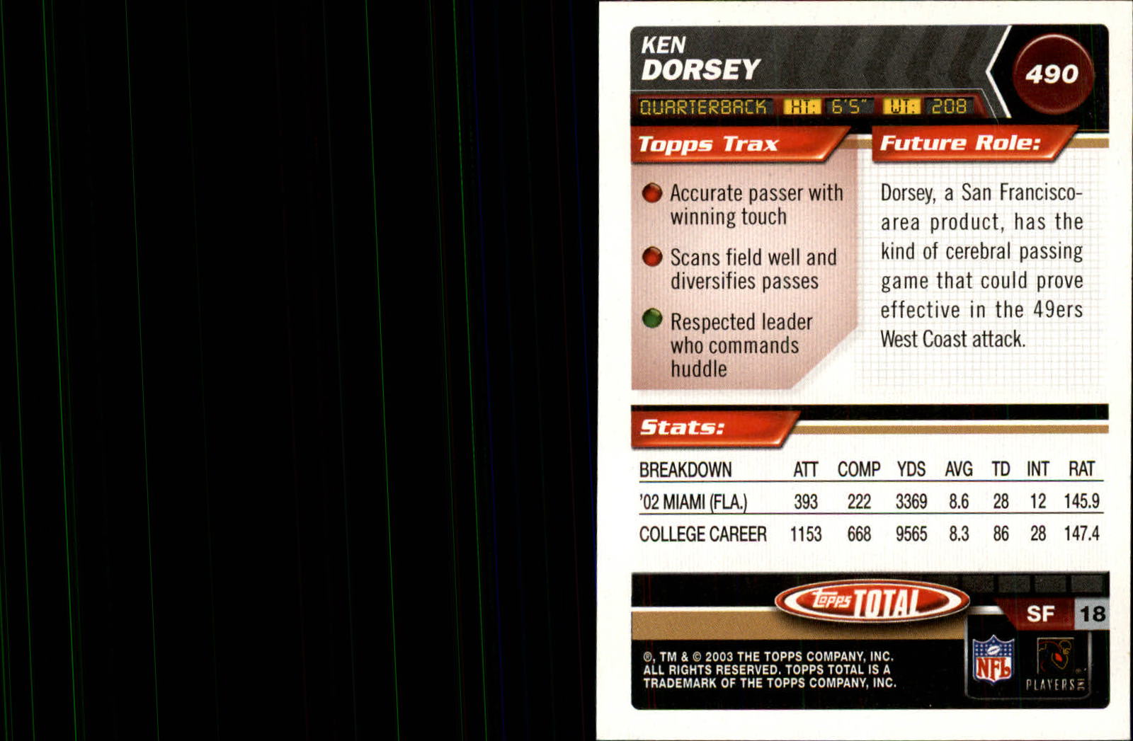 2003 Topps Total #490 Ken Dorsey RC back image
