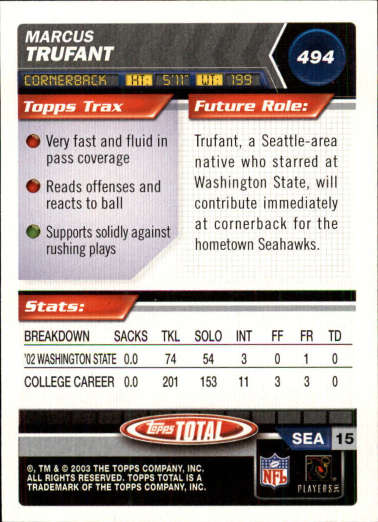 2003 Topps Total #494 Marcus Trufant RC back image
