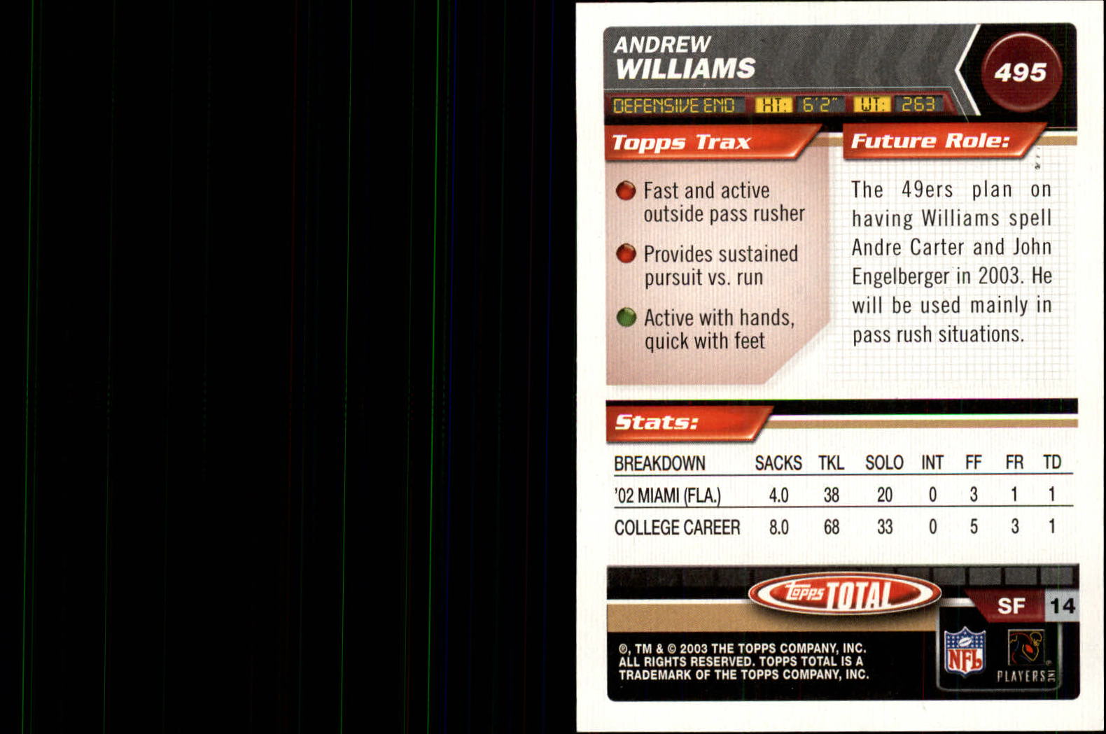 2003 Topps Total #495 Andrew Williams RC back image