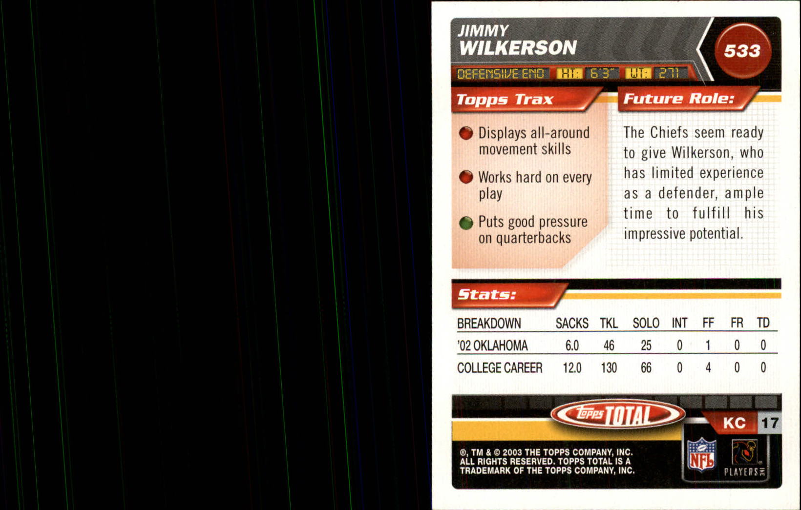 2003 Topps Total #533 Jimmy Wilkerson RC back image