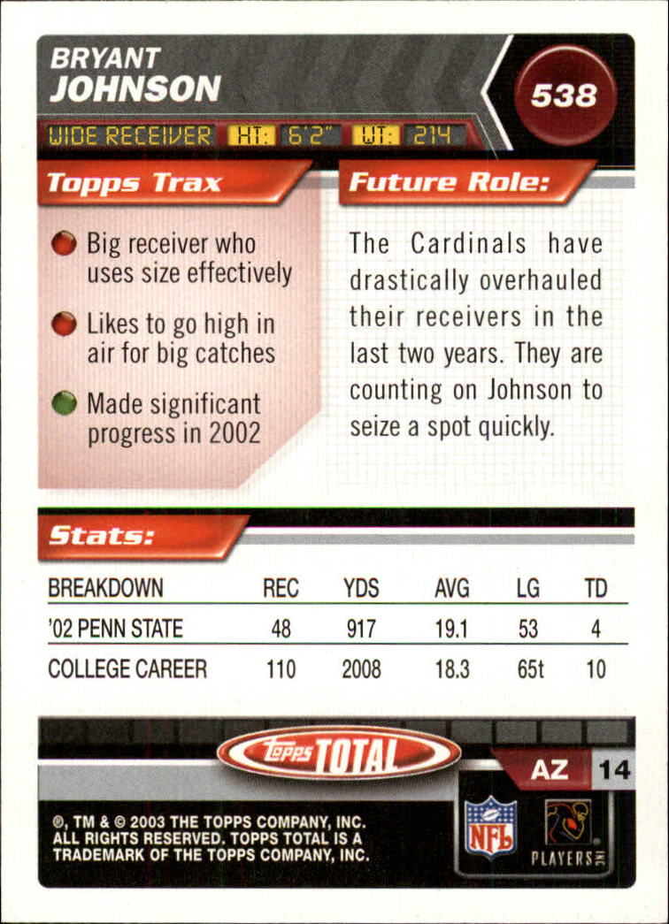 2003 Topps Total #538 Bryant Johnson RC back image