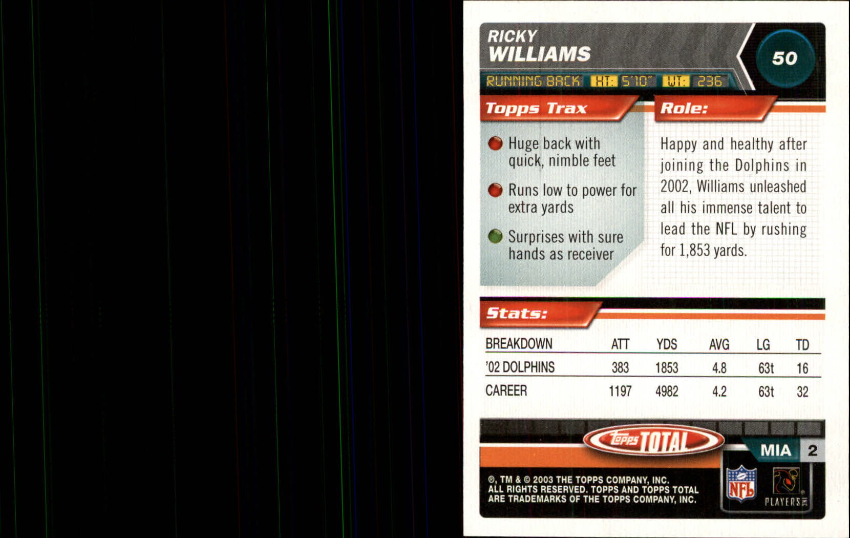 2003 Topps Total Silver #50 Ricky Williams back image