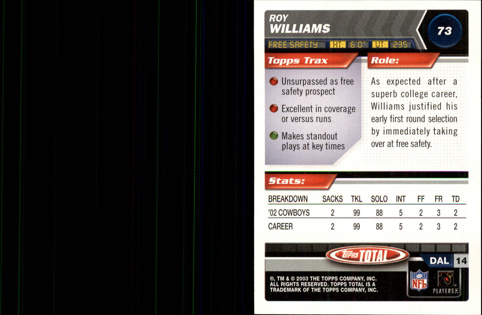 2003 Topps Total Silver #73 Roy Williams back image