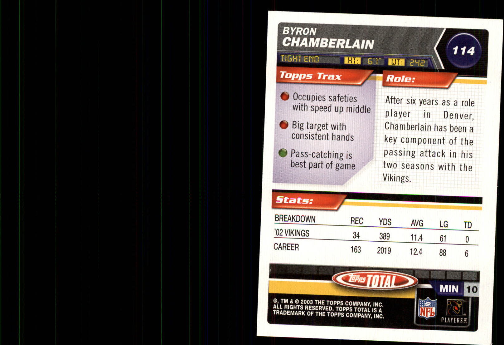 2003 Topps Total Silver #114 Byron Chamberlain back image