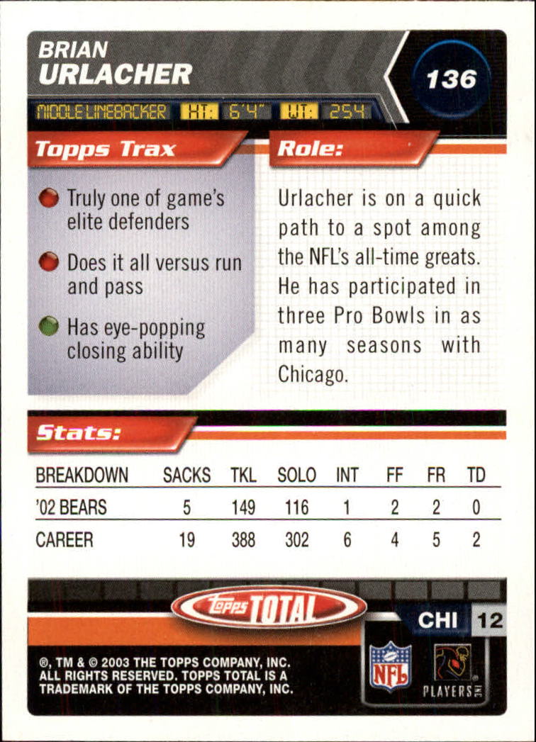 2003 Topps Total Silver #136 Brian Urlacher back image