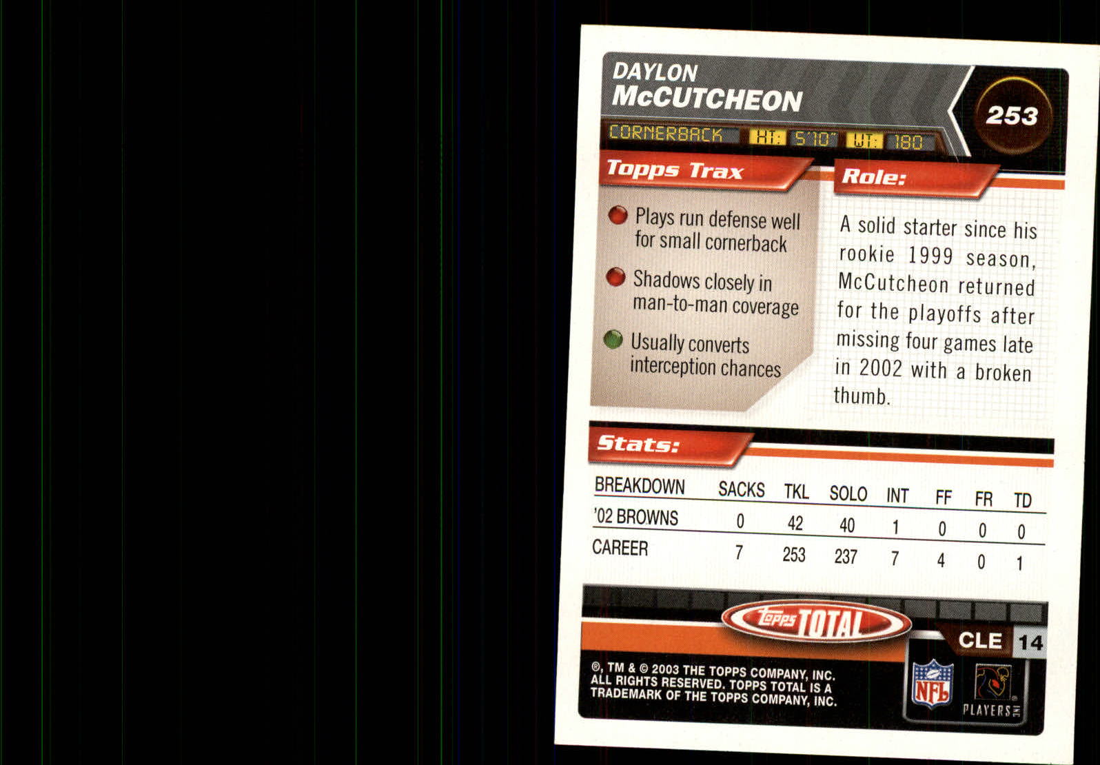 2003 Topps Total Silver #253 Daylon McCutcheon back image