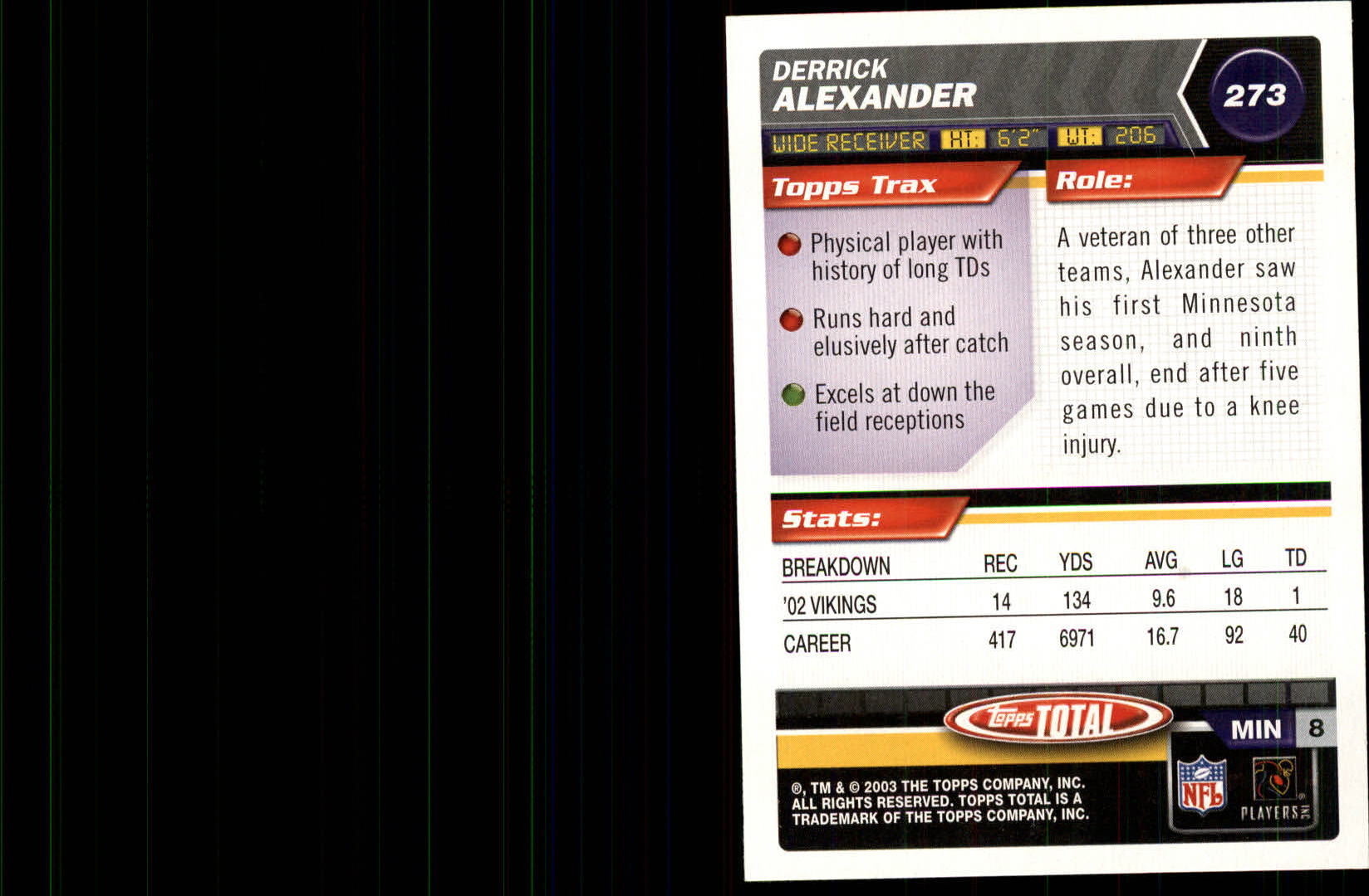 2003 Topps Total Silver #273 Derrick Alexander back image
