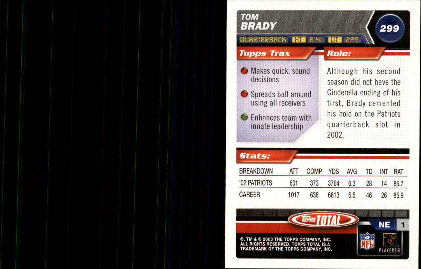 2003 Topps Total Silver #299 Tom Brady back image