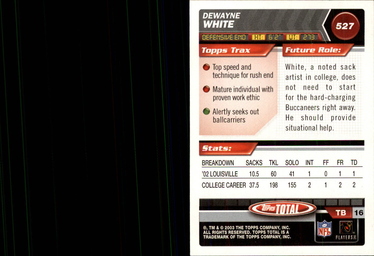 2003 Topps Total Silver #527 DeWayne White back image