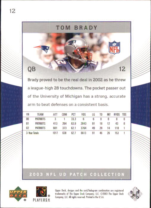 2003 UD Patch Collection #12 Tom Brady back image