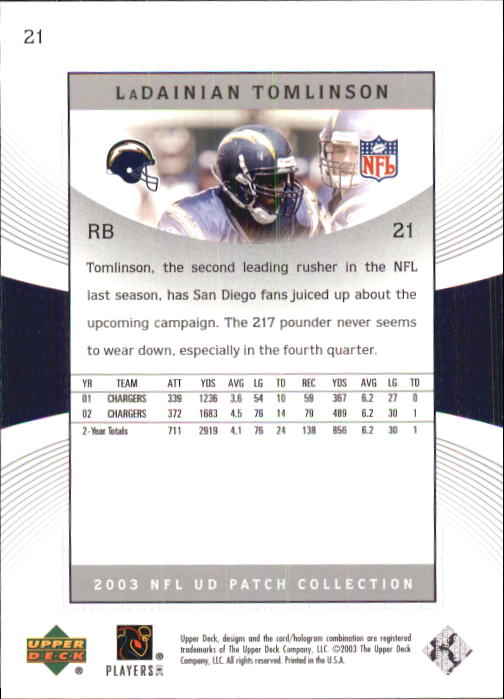 2003 UD Patch Collection #21 LaDainian Tomlinson back image