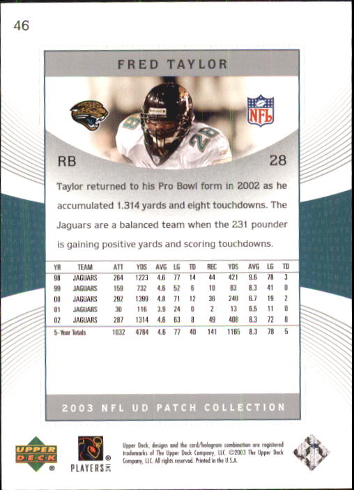2003 UD Patch Collection #46 Fred Taylor back image