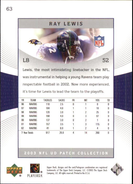 2003 UD Patch Collection #63 Ray Lewis back image