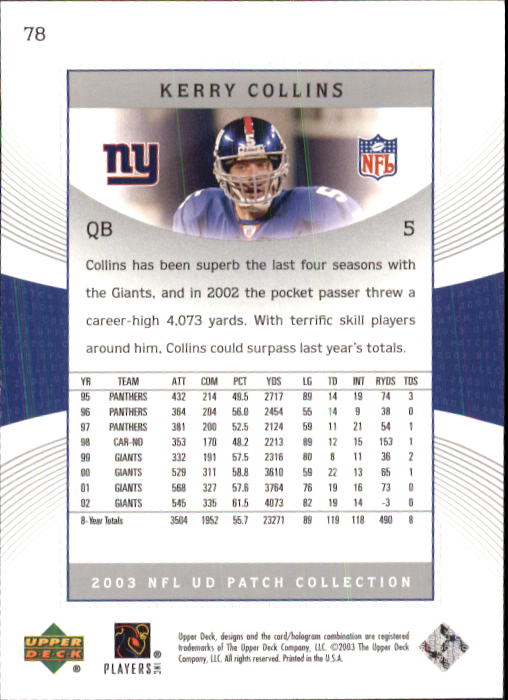 2003 UD Patch Collection #78 Kerry Collins back image
