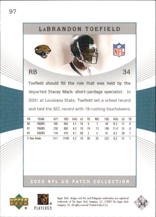 2003 Patch Collection (Upper Deck) Football "Main Set" Cards #1 to #120 - Picture 191 of 235