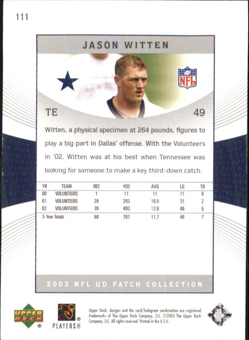 2003 Patch Collection (Upper Deck) Football "Main Set" Cards #1 to #120 - Picture 217 of 235