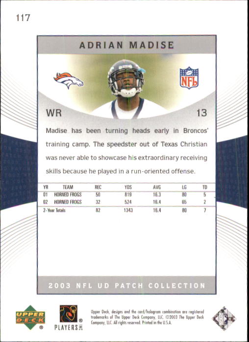 2003 Patch Collection (Upper Deck) Football "Main Set" Cards #1 to #120 - Picture 229 of 235