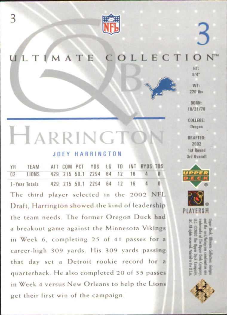 2003 Ultimate Collection #3 Joey Harrington back image
