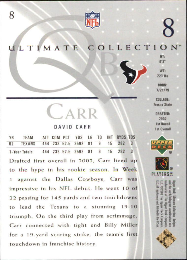 2003 Ultimate Collection #8 David Carr back image