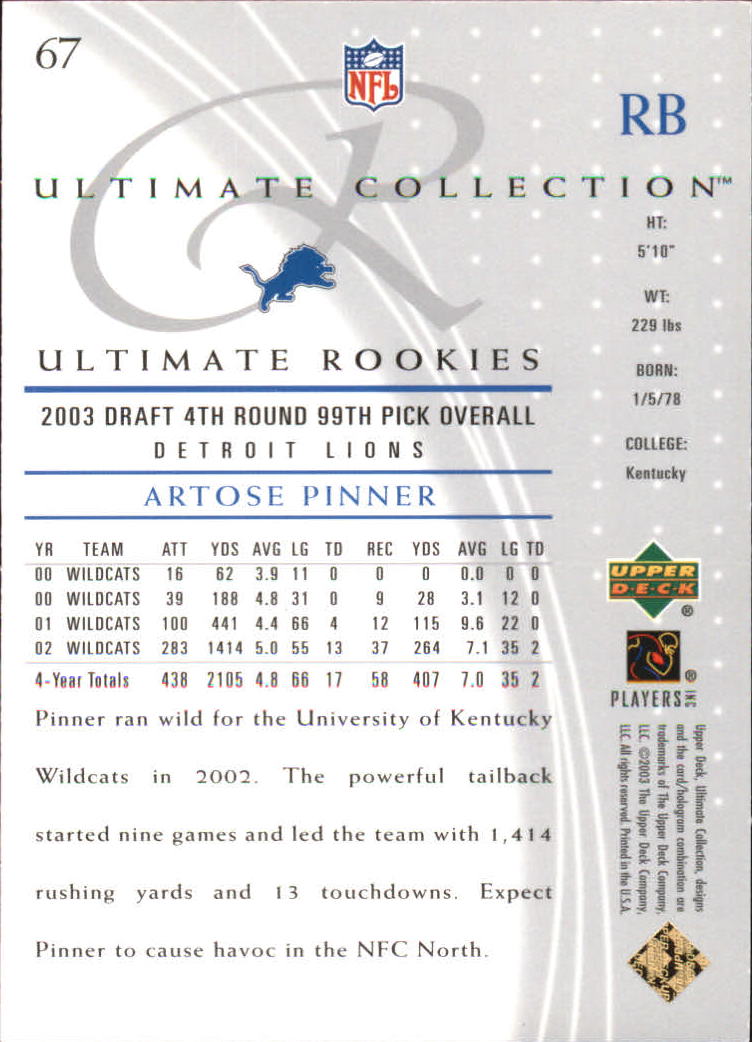 2003 Ultimate Collection #67 Artose Pinner/750 RC back image
