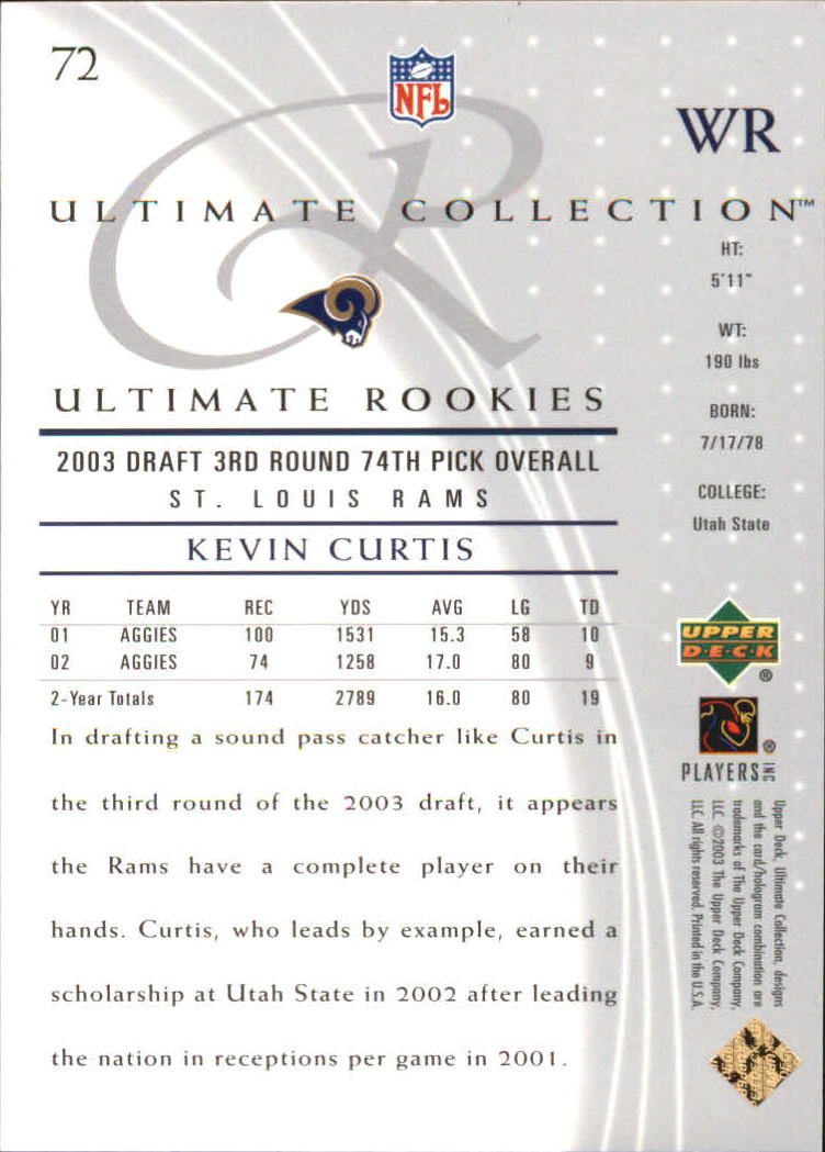 2003 Ultimate Collection #72 Kevin Curtis/750 RC back image