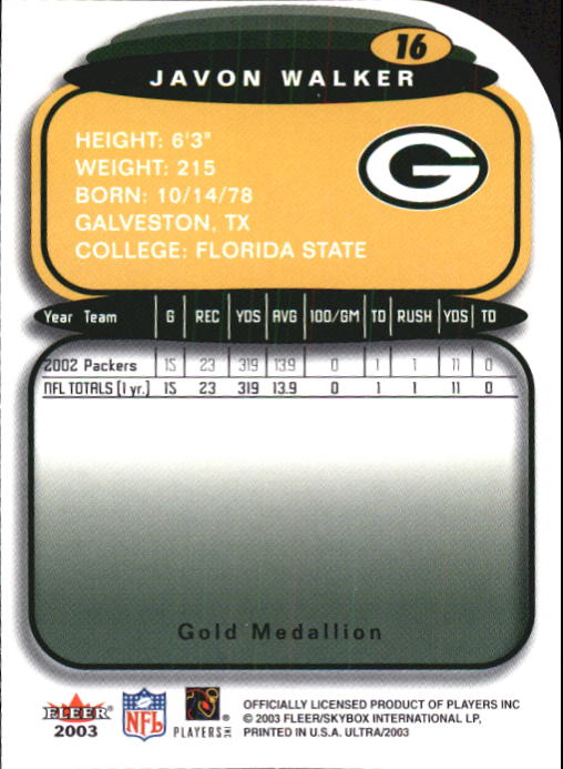 2003 Ultra Gold Medallion #16 Javon Walker back image