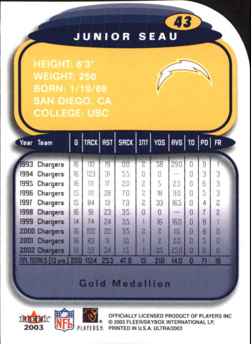 2003 Ultra Gold Medallion #43 Junior Seau back image