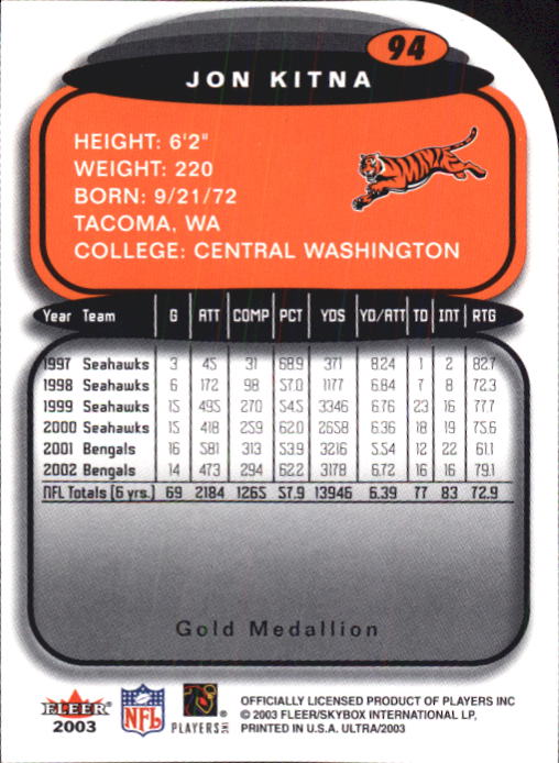 2003 Ultra Gold Medallion #94 Jon Kitna back image